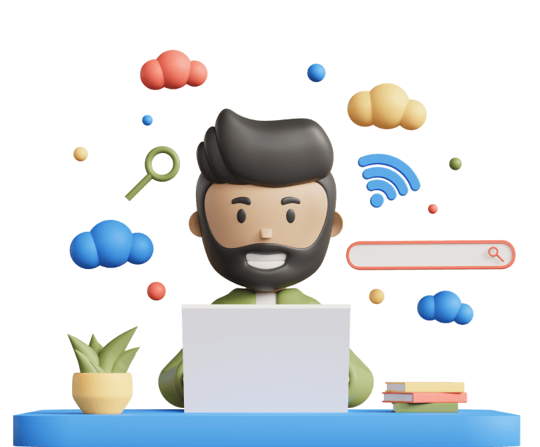 Illustration of a JoBrilliant advisor at a laptop surrounded by chat and search icons